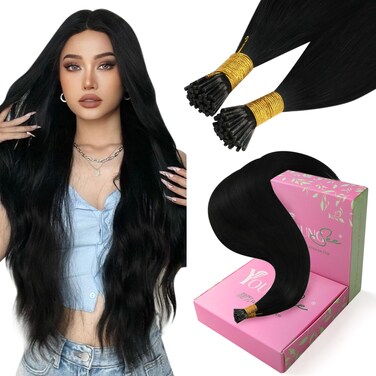 YoungSee Itip Human Hair Extensions Black I Tip Hair Extensions Jet Black 20In 50g Itip Extensions Black 50s Tip Hair Extension Pre Bonded Hair Extension with Soft and Smooth Texture