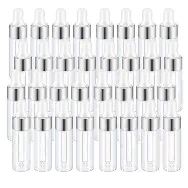 50 Pcs Sample Dropper Bottles, 5ml Mini Dropper Bottles with 2 Pcs Plastic Droppers for Traveling Essential Oils DIY Cosmetic Liquid Sample Perfume (Silver)