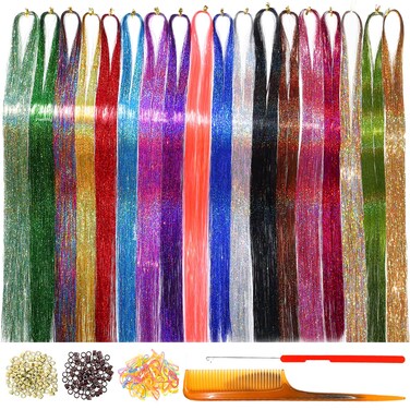 Tinsel Hair Tools Kit 18 Colors Fairy Hair Strands for Girls Kids for Cosplay Party Gift(18 Colors+Tools, 47 Inches)