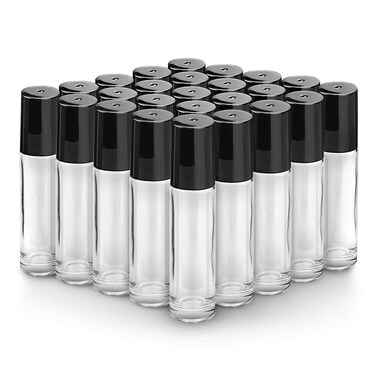 Sungwoo 25 Pack Essential Oil Roller Bottles, 10ml Clear Glass Bottles with Stainless Steel Roller Ball and Cap for Travel, Perfume and Lip Gloss