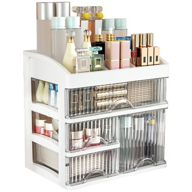 Large Makeup Organizer for Counter With 4 Drawers Cosmetic Organizer Countertop Make up Organizers for Vanity White Makeup Skincare organizers Storage Box