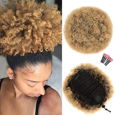 rosmile Afro Puff Drawstring Ponytail Extension for Black Women, Premium Ombre Brown T1B/27# 80gram