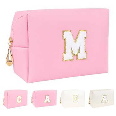 Personalized Initial A-Z PU Cosmetic Bag Zipper Wide Open Makeup Pouch Travel Stuff Bag with Chenille Letter Patch Large Travel Toiletry Organizer Bag for Women (M, Pink)