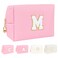 Personalized Initial A-Z PU Cosmetic Bag Zipper Wide Open Makeup Pouch Travel Stuff Bag with Chenille Letter Patch Large Travel Toiletry Organizer Bag for Women (M, Pink)
