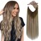 Fshine Invisible Wire Hair Extensions Real Human Hair Straight Fish Wire Hair Extensions Layered Hairpiece Dark Brown to Ash Brown and Blonde Clip in Hair Extensions Human Hair One Piece 20 Inch 80g