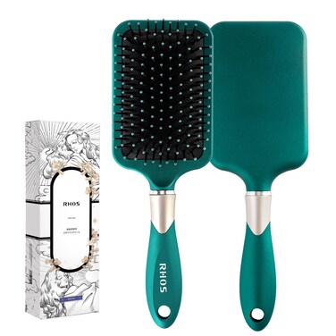RHOS Hair Brush for Women and Men - Detangler Hair Brush with Nylon Bristles for Thick, Curly, Thin, Long, Wet &amp; Dry Hair - Cushion Square Hair Brush for Detangling and Smoothing - 1 Pack - Green