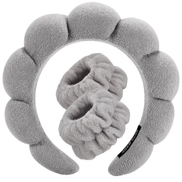 Spa Headbands for Washing Face Wristband Set Sponge Makeup Skincare Headband Wrist Towels Bubble Soft Terry Towel Cloth Hairband for Women Puffy Headwear Non Slip Thick Thin Hair Headwear (Dark gray)