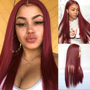 Dark Red Lace Front Wigs T-Lace Part Wine Red Long Silk Straight Hair Wigs with Middle Part Synthetic Hair Replacement Full Wigs for Women Daily Wear (22Inch, Straight,Red)