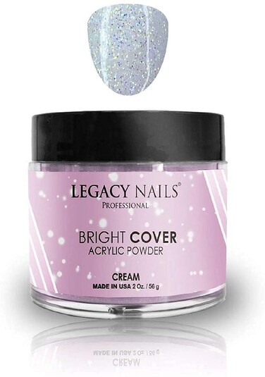 Legacy Nails Professional Bright Cover Full Coverage Color, CREAM 2 oz Acrylic Powder With Shimmer, Shine for Overlay Nail Extensions
