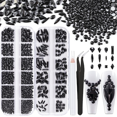 Nail Rhinestones 1560PCS 2-5mm Glass Black Round Flatback and Multi Shape Crystal Shine Diamonds for DIY Crafts Nail Art