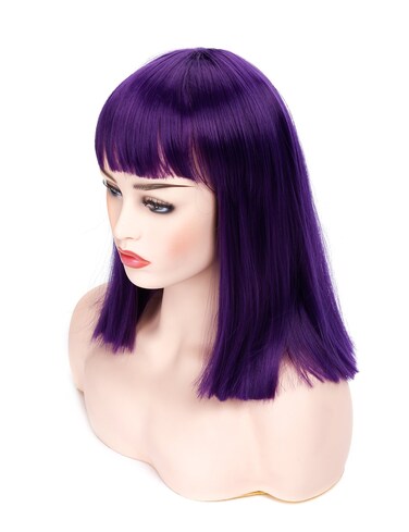 morvally Short Straight Purple Wig with Bangs Natural Looking Heat Resistant Hair Cosplay Costume Wigs (14 inches Dark Purple)