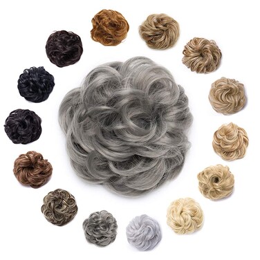 Hairro Messy Hair Bun Synthetic Scrunchy Donut Wavy Updo Elastic Scrunchie Thick Full Wedding Hair Pieces Bridal Hairpiece Easy Bun Updos for Women Kids 1pcs 40g Dark Gray