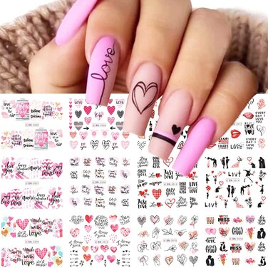 Valentine's Day Nail Art Stickers Decals Love Heart Sexy Lips Print Letters Water Transfer Exquisite Nail Art Supplies DIY Valentine's Day Acrylic Nail Decoration for Women Girls Kids 12 PCS