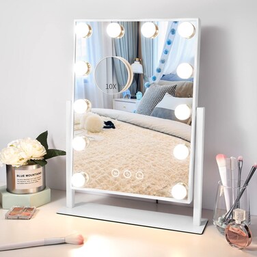 Vanity Makeup Mirror with Lights,3 Color Lighting Modes Detachable 10X Magnification Mirror Touch Control,360&deg;Rotation, White (14.6Inch)