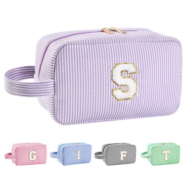 Personalized Initial Makeup Bag A-Z, Travel Toiletry Bag Preppy Make Up Bags Girls Cute Cosmetic Pouch Makeup Organizer Wedding Birthday Mothers Day Gifts for Women (Purple, S)