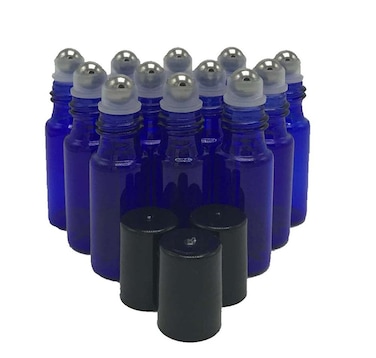 12 Pcs 5ml Refillable Blue Glass Rollerball Bottles Empty Essential Oil Glass Roller Bottles for Aromatherapy with 3ML Dropper
