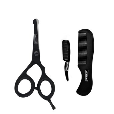 MERTENO 4.2&rdquo; Japanese Steel Rounded-Tip Beard Mustache Scissors Nose Hair Ear Hair Trimming Professional Scissors Sharp Egde 2 Beard Comb (RIGHT HANDED - Black)