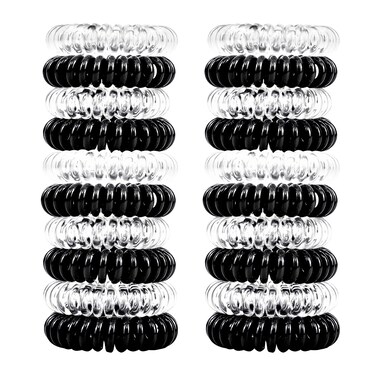 79STYLE 50Pcs Spiral Hair Ties Black Clear Coil Hair Ties Phone Cord Plastic Ponytail Holders Bulk Clear Hair Coils For Women Gris Thin Thick Curly Hair (Black and Transparent)