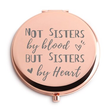 Sisters Gifts from Sister Not by Blood But Heart Compact Travel Makeup Mirror Rose Gold Unbiological Friendship Christmas Unique Personalized BFF Gifts