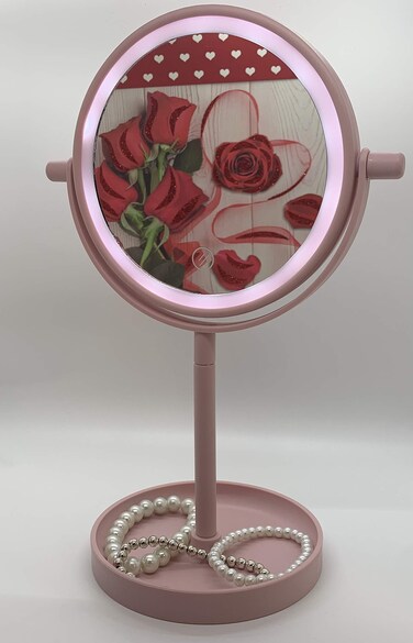 TAZZ Personal Pink Tabletop Swivel Vanity Beauty Makeup Mirror with LED Lighting and Jewelry Makeup Tray for Bathroom Bedroom Dressing Table Desk Night Light Travel