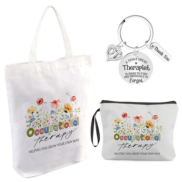 3 Pcs OT Gifts Occupational Therapy Gifts Flower Canvas Tote Bag Makeup Bag Cosmetic Bag Therapist Keychain for Occupational Therapists OT Appreciation Gifts Speech Therapist Gift for Woman
