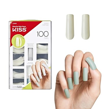 KISS 100 Tips False Nail Kit, Curve Overlap Style, Long Length, Long Lasting Fake Nail Tips, DIY Home Manicure Set with Nail Glue 3 g / 0.11 oz. and 100 Artificial Nails in 10 Sizes