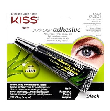KISS Black Strip Lash Adhesive with Aloe, Dermatologist Tested, Formaldehyde Free, Non-Irritant, Contact Lens Friendly, Secure Hold, Contains Latex, with Control Nozzle Tip, 0.24 Ounce
