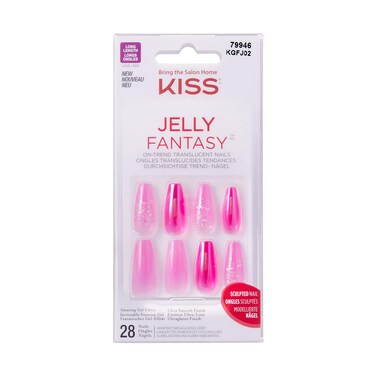 KISS Jelly Fantasy On-Trend Translucent Sculpted Nails, Long, Coffin, Durable, Easy To Apply, Includes Pink Gel Nail Glue, Mini Nail File, Manicure Stick &amp; 28 Fake Nails