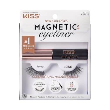 KISS Magnetic Eyeliner &amp; Lash Kit, Tempt, 1 Pair of Synthetic False Eyelashes With 5 Double Strength Magnets and Smudge Proof, Biotin Infused Black Magnetic Eyeliner with Precision Tip Brush