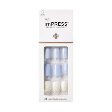 KISS imPRESS No Glue Pedi Press-On Toenails, Light Blue, Lavender, White Glitter, Short Size, Squoval Shape, Includes 24 Nails, Prep Pad, 1 Manicure Stick, 1 Mini File