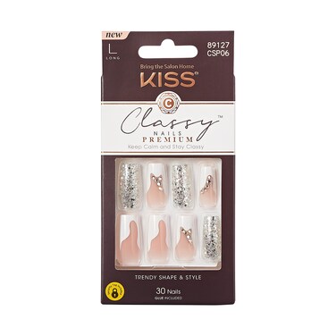 KISS Premium Classy Fake Nails - Stay Modish, Long &amp; Square, Super Glam, Jewel Accents, Waterproof, Smudge Proof, No Dry Time, Durable, Takes Minutes, Quick &amp; Easy   30 Count