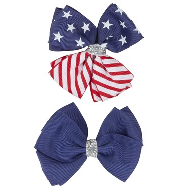 Madison Tyler Americana Collection   2 Piece USA Flag and Blue Ribbon Bow Hair Clips   Independence Day   Fashion Accessory for Women