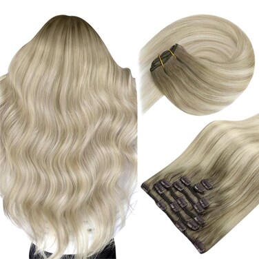 Sunny Hair Clip in Hair Extensions Straight Human Hair Clip in Extensions Remy Clip in Hair Extensions Real Human Hair Extensions Clip ins Ash Blonde Ombre Platinum Blonde Low Highlights 16inch
