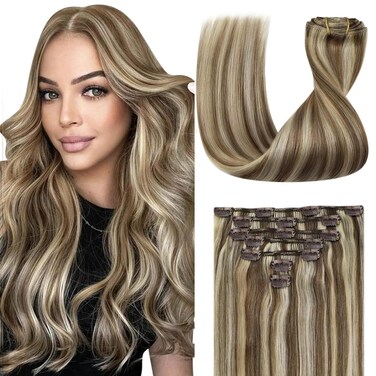 Sunny Hair Clip in Hair Extensions Straight Human Hair Clip in Extensions Remy Clip in Hair Extensions Real Human Hair Extensions Clip ins Highlight Light Brown with Platinum Blonde 18inch