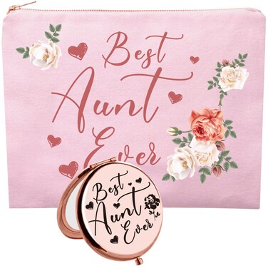HnoonZ Aunt Gifts from Niece,Christmas Gifts for Aunt,Aunt Zipper Makeup Bag Cosmetic Pouch,Aunt Travel Toiletry Pouch Organizer Bag,Aunt Mini Compact Mirror,Best Aunt Ever Gifts