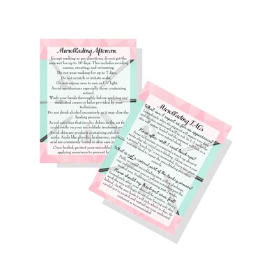 Microblading Aftercare Instructions Cards   Package of 30   Pink &amp; Green Makeup Brush Eyebrow Tool Design Double Sided Size 4.25 x 5.5 inches After Care Post Card