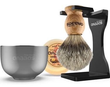Shaving Set, Anbbas 4in1 Pure Badger Hair Shaving Brush Solid Manchurian Ash Wood Handle,Black Broken-Resistant Acrylic Shaving Stand,Stainless Steel Shaving Bowl Dia 3.2 inch and Goat Milk Soap 100g