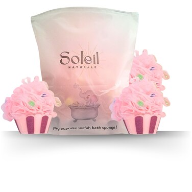 Large Pink Cupcake Loofah Bath Sponges, Set of 3, for Kids and Adults - Gift Pouch