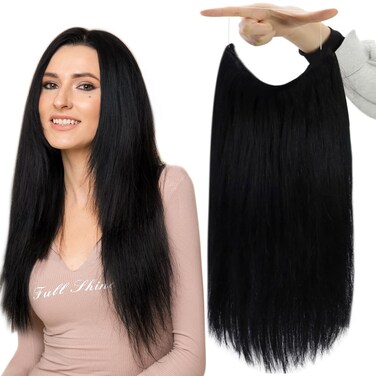 Fshine Jet Black Invisible Wire Hair Extensions Real Human Hair 18 Inch Transparent Fish Line Clip in Extension Remy Human Hair 80G Straight Wire Layered Hairpiece Clip ins