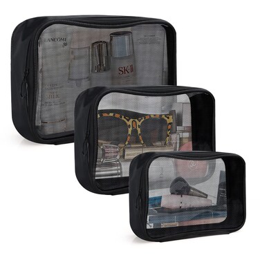 DARIN TSA Approved Clear Toiletry Bag Tansparent Travel Makeup Bag Zipper Cosmetic Pouch, Airline 3-1-1 Rule Carry-On Flight Liquid Bag For Women and Men- (2 Size 1L+1M,Clear Black) (Mesh Black)