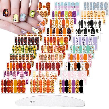 30 Sheets Maple Leaf Theme Halloween Nail Stickers Decals Full Nail Wraps Real Nail Polish Strips Stickers with Nail File for Women Halloween Nail Art