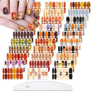 30 Sheets Maple Leaf Theme Halloween Stick On Nail Polish Strips with Nail File Nail Stickers Decals Holiday Full Nail Wraps for Women Halloween Nail Art