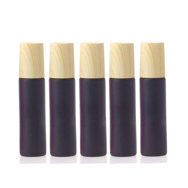 Essential Oil Roller Bottles,5 Pack 10ml Colorful Frosted Glass Roller Bottles with Stainless Steel Roller Balls,Wood Grain Lid Perfume Roll on Bottles Lip Balms Container (Purple frosted)