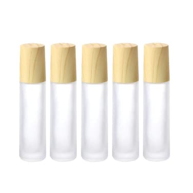 Essential Oil Roller Bottles,5 Pack 10ml Colorful Frosted Glass Roller Bottles with Stainless Steel Roller Balls,Wood Grain Lid Perfume Roll on Bottles Lip Balms Container (White frosted)