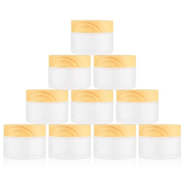 1 Oz 10 Pack Frosted Glass Face Cream Jars,Empty Cream Jars Holder Case with Wood Grain Lid&amp;Inner liner,Sample Cosmetic Container Vials Pot for Eyeshadow,Lotion,Foundation,Lip Balm