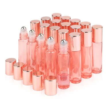 20Pcs 10ml/0.33 oz Pink Essential Oil Roller Bottle,Empty Glass Roll-On Vials with Stainless Steel Roller Ball,Rose Gold Lid,Glass Roller Bottle for Oil Blends,Perfume-Opener&amp;Dropper Included