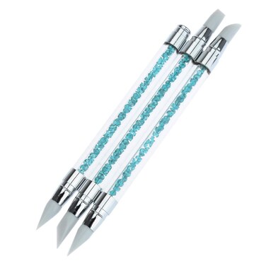 2 Ways Silicone Nail Art Acrylic Pen Brushes set 3 Pcs Blue Rhinestones Design Sculpture Carving Brush for 3D Effect Shaping Drawing Dotting Tools