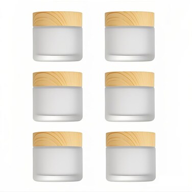 6Packs 1oz Empty Sample Jars Round Frosted Glass Cream Jar Bottles 30ml Cosmetic Cream Jar Bottle with Wood Grain Lids White Cosmetic Containers Jars for Makeup Lotion Lip Balm Eye Cream