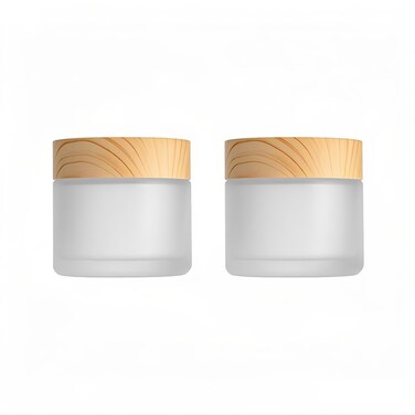 2Packs 2oz Glass Cream Jar Bottles 60ml Empty Glass Jars Round Frosted Cosmetic Cream Jar Bottle with Wood Grain Screw Lids Frosted Cosmetic Containers Jars for Makeup Lotion Lip Balm Eye Cream