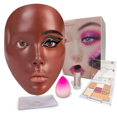 Makeup Practice Face, Makeup Mannequin Face with Makeup Practice Face Board, 5D Silicone Full Face Practice Eyelash Eye Shadow, for Emerging Makeup Artist, Beginners, Girl's Gift(Black)